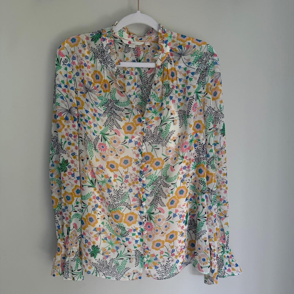 Boden Evangeline Blouse Ivory Wild Field Floral Ruffle Neck Frill Cuff Size 12